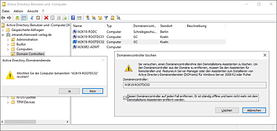 Das Computerobjekt des DCs »W2k19-RootDC01« hart aus dem AD entfernen