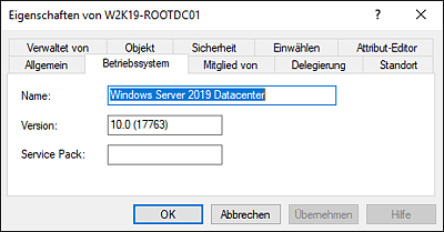 Informationen zum Betriebssystem erscheinen nach dem Domänenbeitritt – hier am Beispiel des Servers »W2k19-RootDC1«