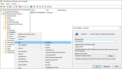 Erstellung des neuen Computerobjekts vor dem Domänenbeitritt