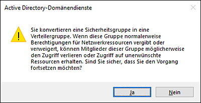 Warnung bei Umwandeln des Gruppentyps von »Sicherheit« in »Verteilung«