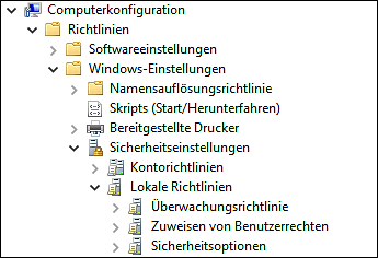 Mögliche Einstellungsgruppen für Sicherheitseinstellungen