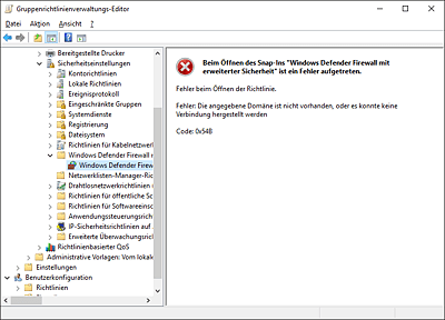 Gruppenrichtlinienverwaltungskonsole • Sicherheitseinstellungen: Die Windows Defender Firewall hat keine Verbindung zum PDC.