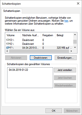 Aktivieren und Erstellen von Schattenkopien