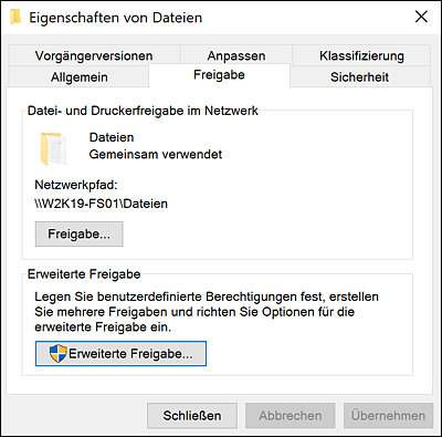 Freigabe-Eigenschaften einer Dateifreigabe im Explorer