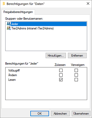 Zugriff auf die Dateifreigabe-Berechtigungen im Explorer