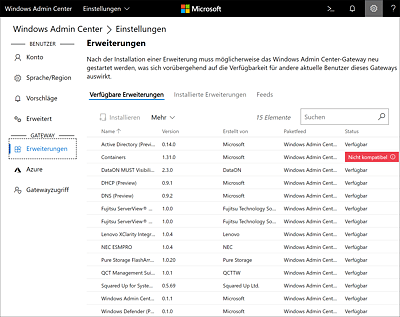 Windows Admin Center – »Einstellungen • Gateway • Erweiterungen«