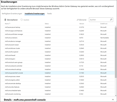 Installierte »Windows Admin Center«-Erweiterungen