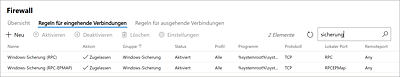 Eingehende Firewallregeln für die Windows Server-Sicherung