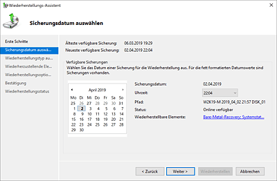 Auswahl der Datensicherung nach Sicherungsdatum