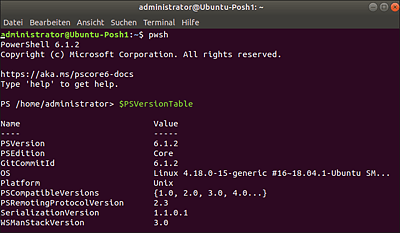 Starten von PowerShell Core und Anzeigen der Version