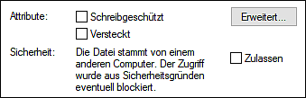 In den Eigenschaften einer .ps1-Datei, die Sie aus dem Internet geladen haben, wird darauf hingewiesen, dass die Datei von einem anderen Computer kommt und eventuell blockiert wird.