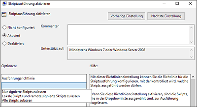 In diesem Dialog legen Sie die Ausführungsrichtlinien für die PowerShell fest.