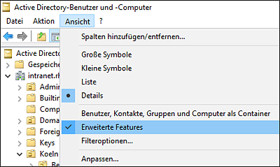 »Erweiterte Features« aktivieren, damit das krbtgt-Konto angezeigt wird