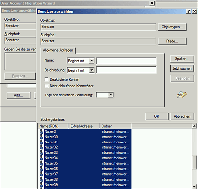 Ergebnis der Suche nach Nutzerobjekten in der OU »Benutzer« der Quelldomäne