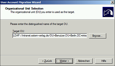 Auswahl der Ziel-Organisationseinheit in der Zieldomäne
