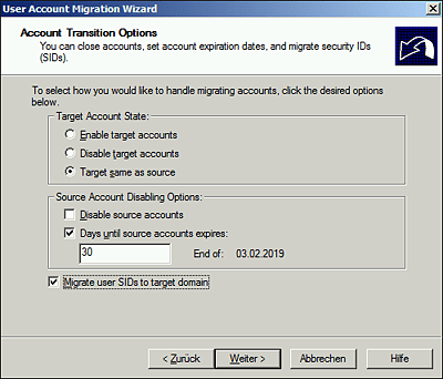 Legen Sie den Status des Nutzerobjekts in der Quell- und Zieldomäne fest, und migrieren Sie die SID.