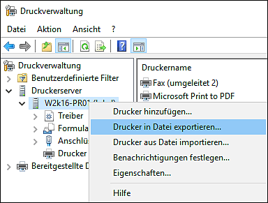 Auswahl des Menüpunkts »Drucker in Datei exportieren« aus dem Kontextmenü