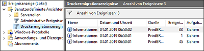 Das geöffnete Ereignislog für die Druckermigrationsereignisse