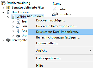 Auswahl des Menüpunkts »Drucker aus Datei importieren« aus dem Kontextmenü