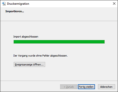 Anzeige des erfolgreichen Imports der Druckerobjekte