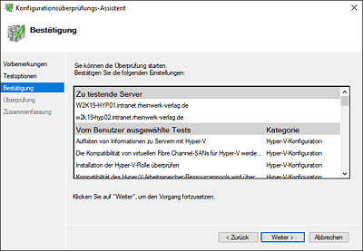 Der Konfigurationsüberprüfungs-Assistent zeigt Ihnen die Tests und die Server an.