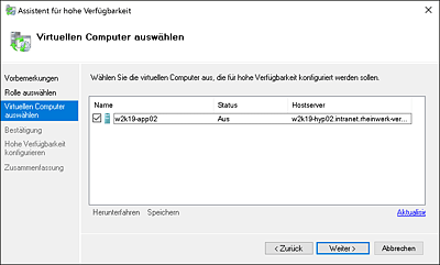 Auswahl einer virtuellen Maschine für eine neue Failovercluster-Rolle