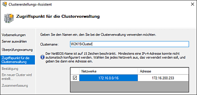 Den Namen und die IP-Adresse des Clusters festlegen