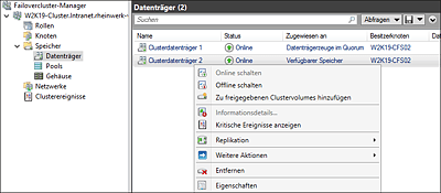 Übersicht der Datenträger im Cluster und die Option, diesen Datenträger »zu freigegebenen Clustervolumes hinzuzufügen«