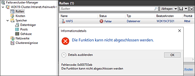 Fehlermeldung bei der Einrichtung des »Highly Available File Servers«