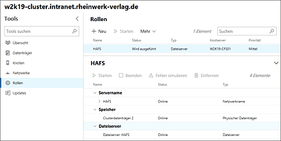 Optionen zur Verwaltung der Failovercluster-Rolle