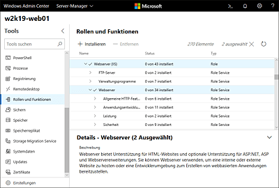 Auswahl der Rolle »Webserver« im Windows Admin Center