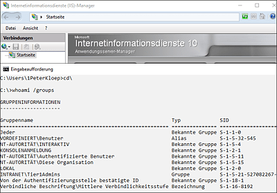 Aufruf des IIS-Managers und Anzeige der Gruppenmitgliedschaften des administrativen Kontos für die Verwaltung