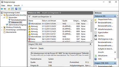 Die Ansicht der Ereignisanzeige für den Webserver (IIS)