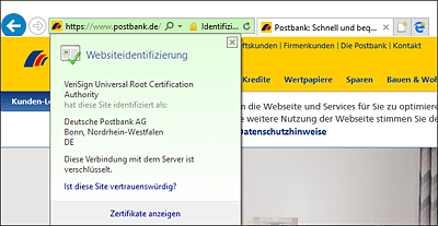 Ansicht einer Webseite mit einem Extended-Validation-Zertifikat