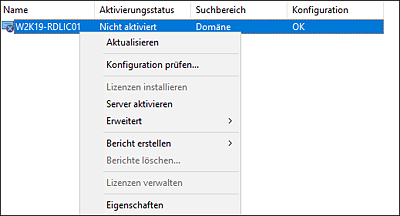 Das Kontextmenü auf dem Serverkonto