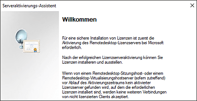 Der »Willkommen«-Bildschirm für die Aktivierung des Lizenzservers