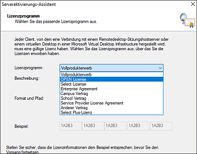 Auswahl des Lizenzprogramms