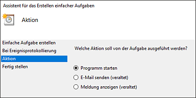 Auswahl der Aktion beim Auftreten des Ereignisses