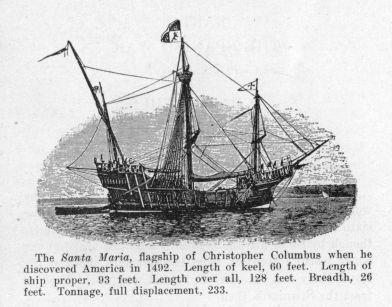 The Santa Maria, flagship of Christopher Columbus when he discovered America in 1492. Length of keel, 60 feet. Length of ship proper, 93 feet. Length over all, 128 feet. Breadth, 26 feet. Tonnage, full displacement, 233.