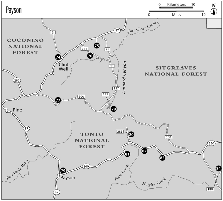 74 82 76 75 77 78 79 80 81 83 84 751 3 95 96 137 295 300 300 289 188 260 87 87 87 260 260 Leonard Canyon Tonto Creek Haigler Cr eek East Verde River East Clear Creek COCONINO NATIONAL FOREST SITGREAVES NATIONAL FOREST TONTO NATIONAL FOREST Payson Clints Well Pine 0 10 0 10 Kilometers Miles Payson