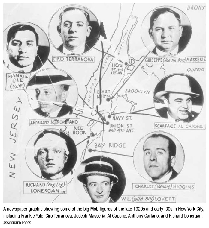 A newspaper graphic showing some of the big Mob figures of the late 1920s and early ’30s in New York City, including Frankie Yale, Ciro Terranova, Joseph Masseria, Al Capone, Anthony Carfano, and Richard Lonergan. ASSOCIATED PRESS