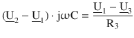 $$\displaystyle(\underline{\mathrm{U}}_{2}-\underline{\mathrm{U}}_{1})\cdot\mathrm{j}\upomega\mathrm{C}=\frac{\underline{\mathrm{U}}_{1}-\underline{\mathrm{U}}_{3}}{\mathrm{R}_{3}}$$