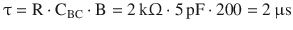 $$\displaystyle{\uptau}=\mathrm{R}\cdot\mathrm{C}_{\mathrm{BC}}\cdot\mathrm{B}=2\,\mathrm{k}{\Upomega}\cdot 5\,\mathrm{pF}\cdot 200=2\,\upmu\mathrm{s}$$