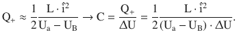 $$\displaystyle\mathrm{Q}_{+}\approx\frac{1}{2}\frac{\mathrm{L}\cdot\hat{\mathrm{i}}^{2}}{\mathrm{U}_{\mathrm{a}}-\mathrm{U}_{\mathrm{B}}}\rightarrow\mathrm{C}=\frac{\mathrm{Q}_{+}}{\Updelta\mathrm{U}}=\frac{1}{2}\frac{\mathrm{L}\cdot\hat{\mathrm{i}}^{2}}{(\mathrm{U}_{\mathrm{a}}-\mathrm{U}_{\mathrm{B}})\cdot\Updelta\mathrm{U}}.$$