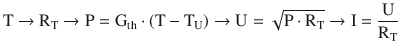 $$\displaystyle\mathrm{T}\rightarrow\mathrm{R}_{\mathrm{T}}\rightarrow\mathrm{P}=\mathrm{G}_{\mathrm{th}}\cdot(\mathrm{T}-\mathrm{T}_{\mathrm{U}})\rightarrow\mathrm{U}=\sqrt{\mathrm{P}\cdot\mathrm{R}_{\mathrm{T}}}\rightarrow\mathrm{I}=\frac{\mathrm{U}}{\mathrm{R}_{\mathrm{T}}}$$