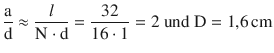 $$\displaystyle\frac{\mathrm{a}}{\mathrm{d}}\approx\frac{l}{\mathrm{N}\cdot\mathrm{d}}=\frac{32}{16\cdot 1}=2\text{ und }\mathrm{D}=1{,}6\,\mathrm{cm}$$