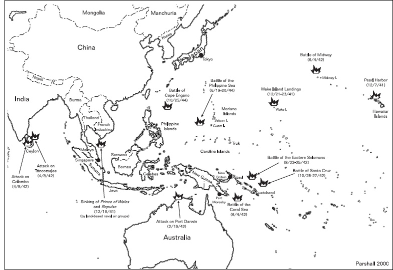 Map 7-1. Major Japanese naval aviation operations during the Pacific War, 1941–1944