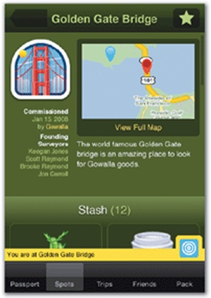 The case of the disappearing check-in button: in the first version of Gowalla, the app's check-in button appeared only when you were standing within 15 meters of a precise coordinate location. If you were just a few paces away (left), the button went away, appearing only when you stepped into place (middle). Later versions (right) made the button permanent and much larger.