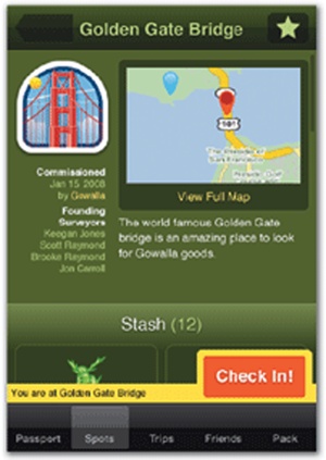 The case of the disappearing check-in button: in the first version of Gowalla, the app's check-in button appeared only when you were standing within 15 meters of a precise coordinate location. If you were just a few paces away (left), the button went away, appearing only when you stepped into place (middle). Later versions (right) made the button permanent and much larger.