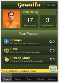 In its original version, Gowalla's main Passport view (left) put an emphasis on stats without even hinting at a check-in option. A later version (middle) replaced those stats with a chunky check-in button and an inviting display of your icon collection. In version 2.0, however, the Passport screen was demoted to the end of the tab bar, and the Activity screen became the first screen (right), emphasizing what's happening right now instead of your past history.